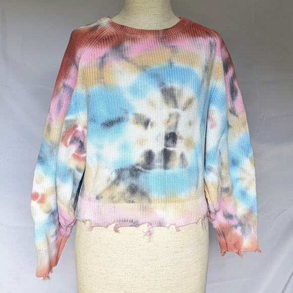 YFB Sweater Cropped Crew Neck Puff Sleeves Distressed Hems Cotton Tie Dye M EUC - Picture 1 of 10